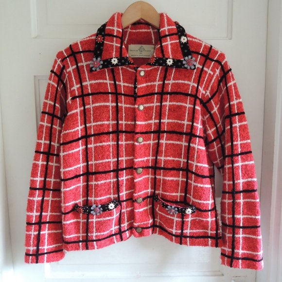 Design Options Vintage Red & White Windowpane Embellished Cardigan Jacket M - Picture 1 of 13